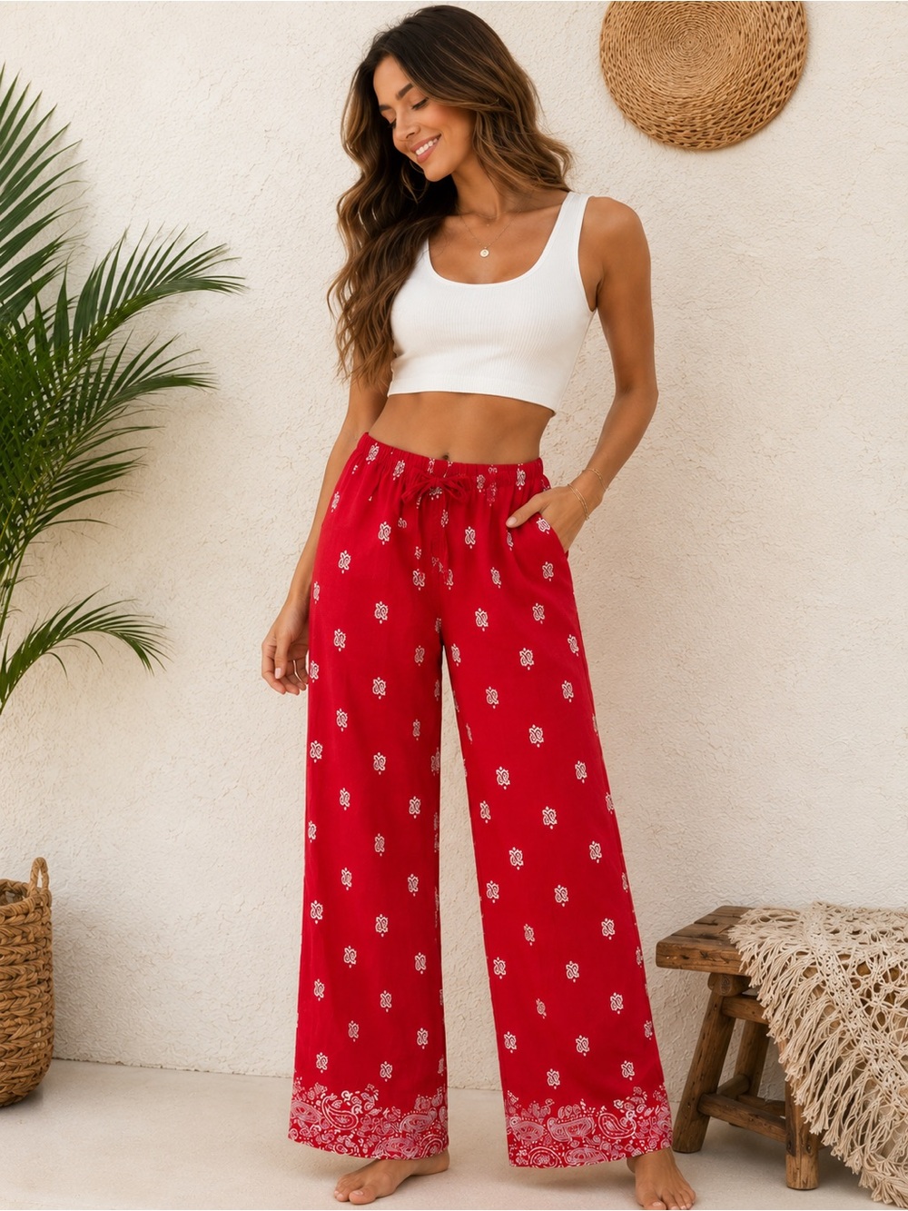 Red Wide-Leg Printed Palazzo Pants with Drawstring Waist